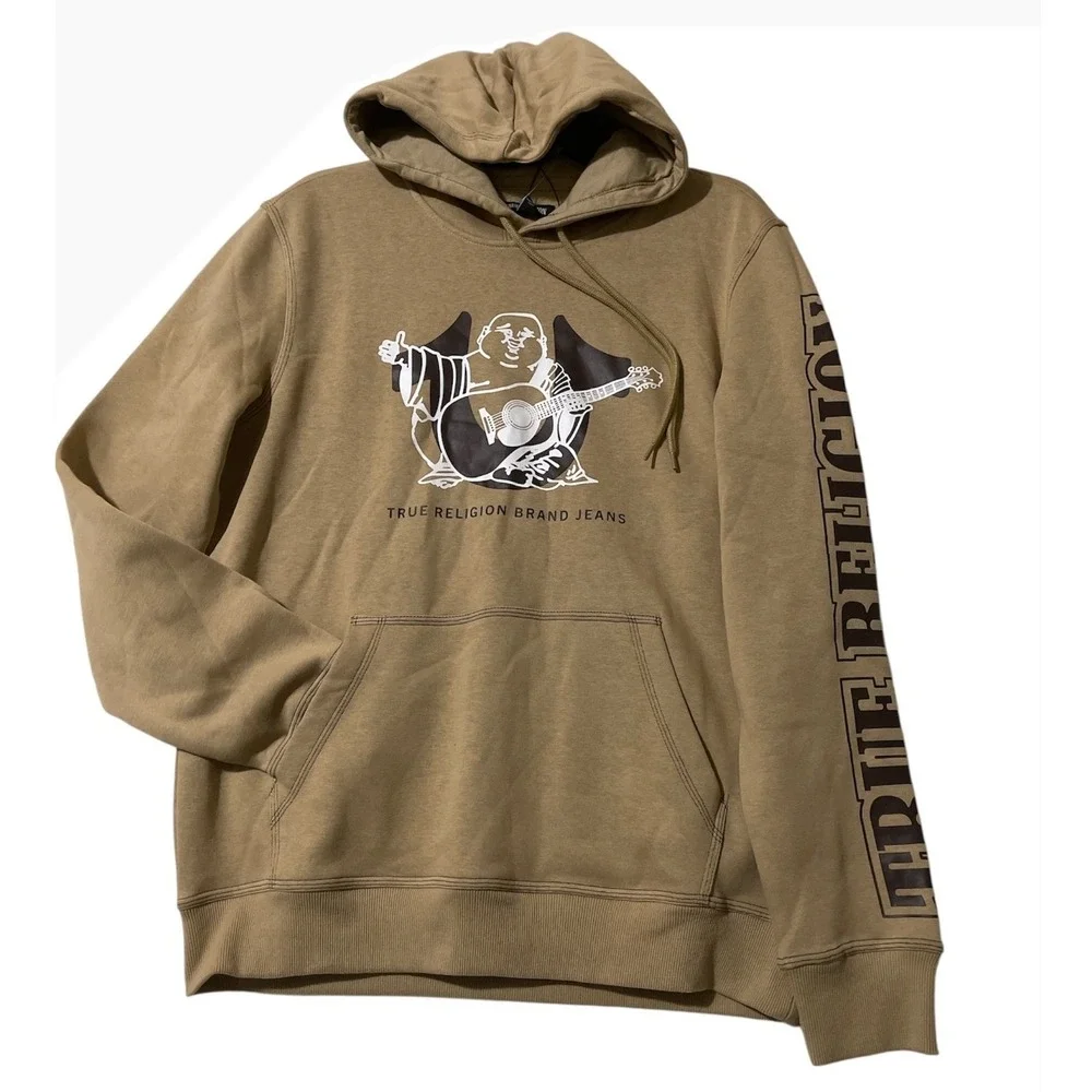 True Religion Mens Travertine Tan Buddha Graphic Pullover Hoodie Small